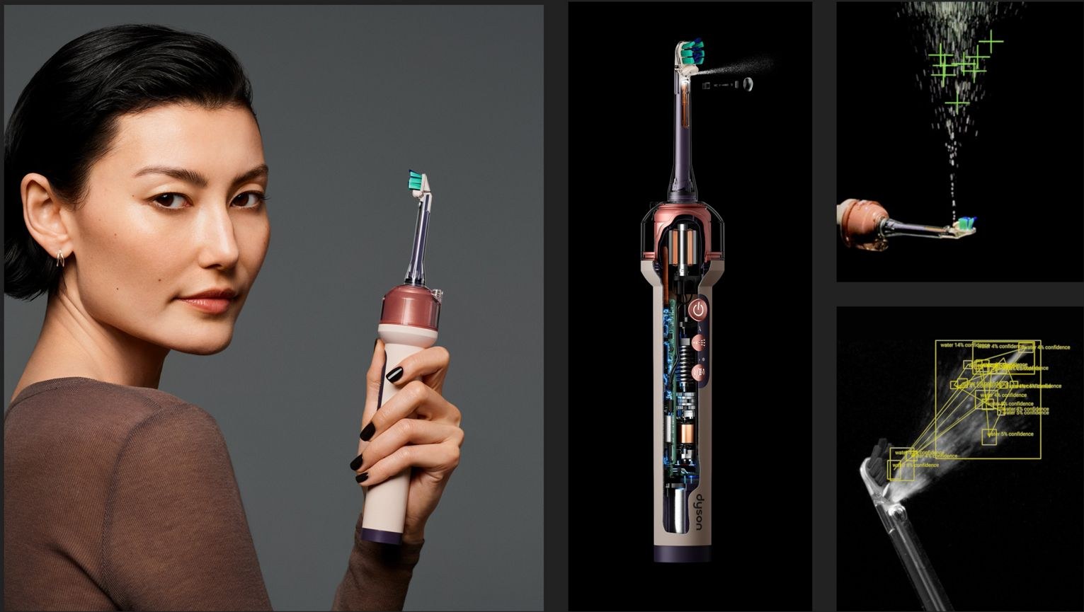 Planche de quatre vues de la Dyson CameraJet™ : une utilisatrice la tenant près de son visage, une vue en coupe de son mécanisme interne, un gros plan du jet d’eau projeté par la tête de brosse, et un gros plan de la tête de brosse avec les repères de détection de la caméra superposés.